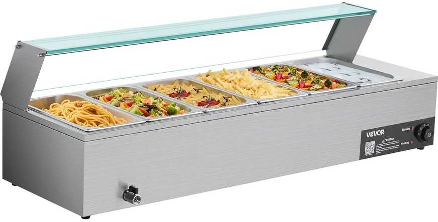 Komercinis maisto šildytuvas, elektrinis nerūdijančio plieno garinis bain marie, 6 indų maisto laikymo stotis, maitinimo bufeto šildytuvas