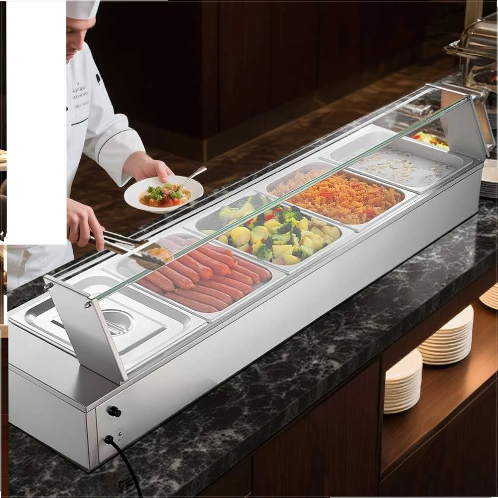 Komercinis maisto šildytuvas maitinimui ir restoranams, 1500W elektrinis nerūdijančio plieno garų šildytuvas su stikliniu gaubtu, stalviršio bufeto marmitas su penkiais indais, maisto šildymo stotelė