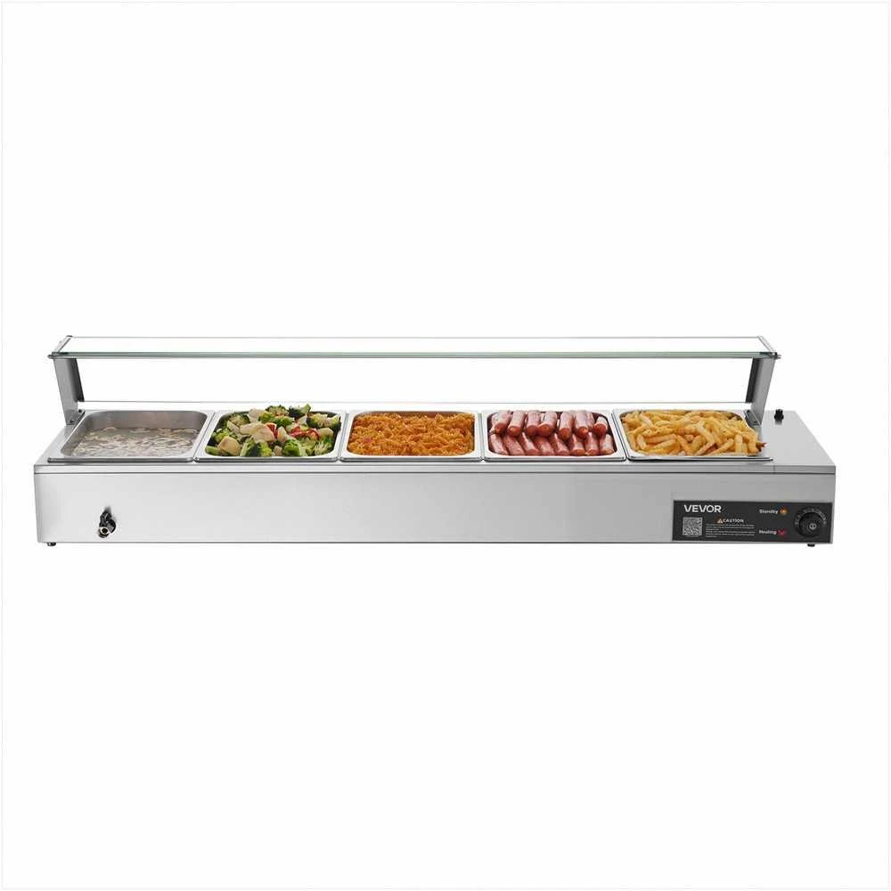 Komercinis maisto šildytuvas maitinimui ir restoranams, 1500W elektrinis nerūdijančio plieno garų šildytuvas su stikliniu gaubtu, stalviršio bufeto marmitas su penkiais indais, maisto šildymo stotelė