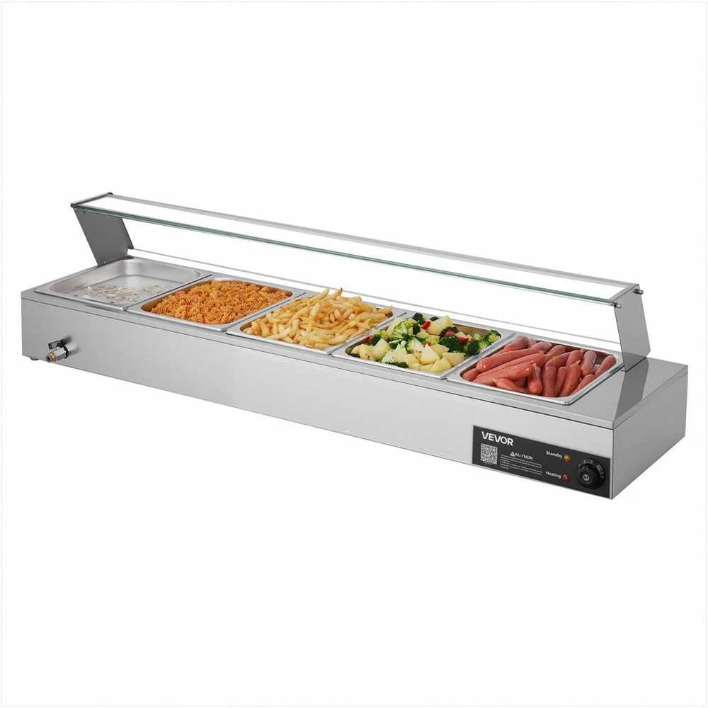Komercinis maisto šildytuvas maitinimui ir restoranams, 1500W elektrinis nerūdijančio plieno garų šildytuvas su stikliniu gaubtu, stalviršio bufeto marmitas su penkiais indais, maisto šildymo stotelė