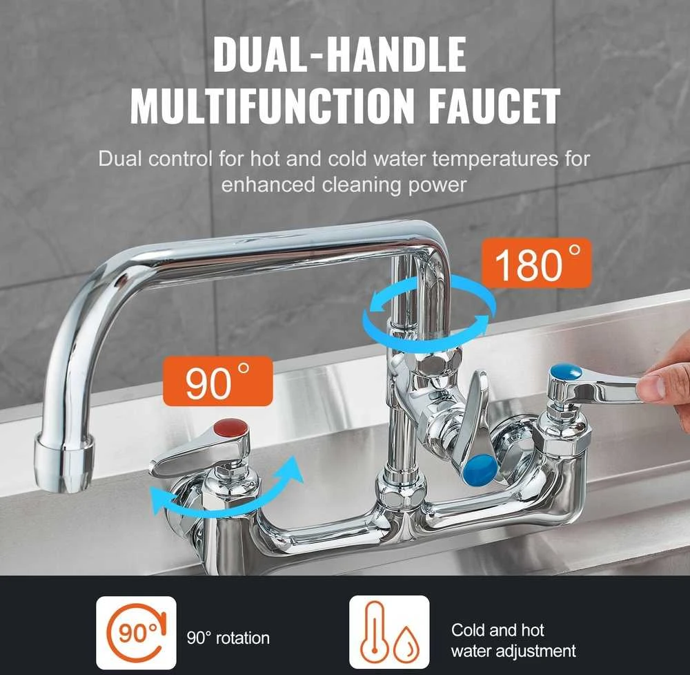 Komercinis maišytuvas su išankstinio plovimo purkštuvu, 47 colių aukščio, žalvarinis, montuojamas ant sienos, virtuvės kriauklės maišytuvas, skirtas plautuvei su skyriais