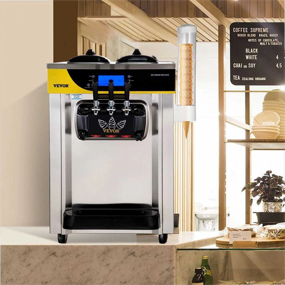 Komercinis minkštų ledų aparatas, stalinis, 2x6L talpa, LCD ekranas, pūtimo funkcija, trūkumo signalizacija, 22-30L išeiga, šaldyto jogurto gaminimo įranga restoranams ir užkandinėms