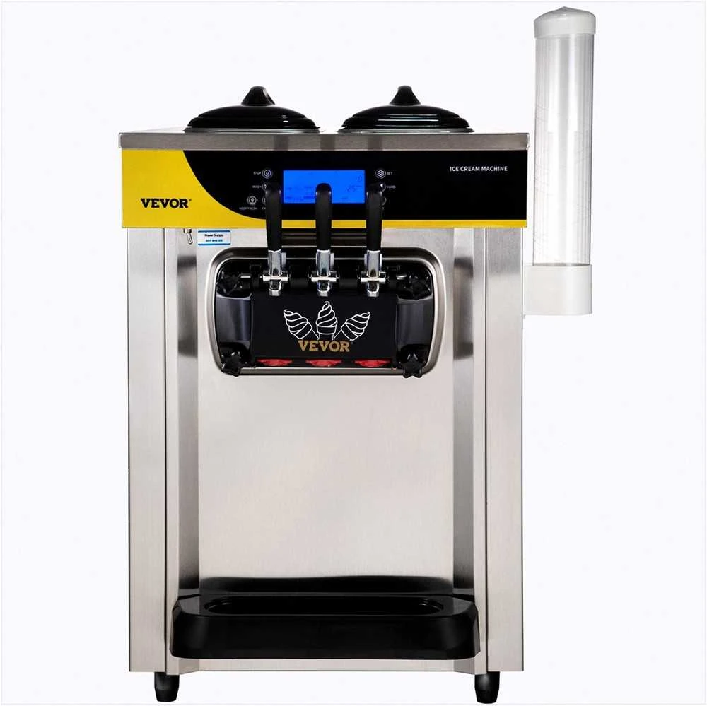 Komercinis minkštų ledų aparatas, stalinis, 2x6L talpa, LCD ekranas, pūtimo funkcija, trūkumo signalizacija, 22-30L išeiga, šaldyto jogurto gaminimo įranga restoranams ir užkandinėms