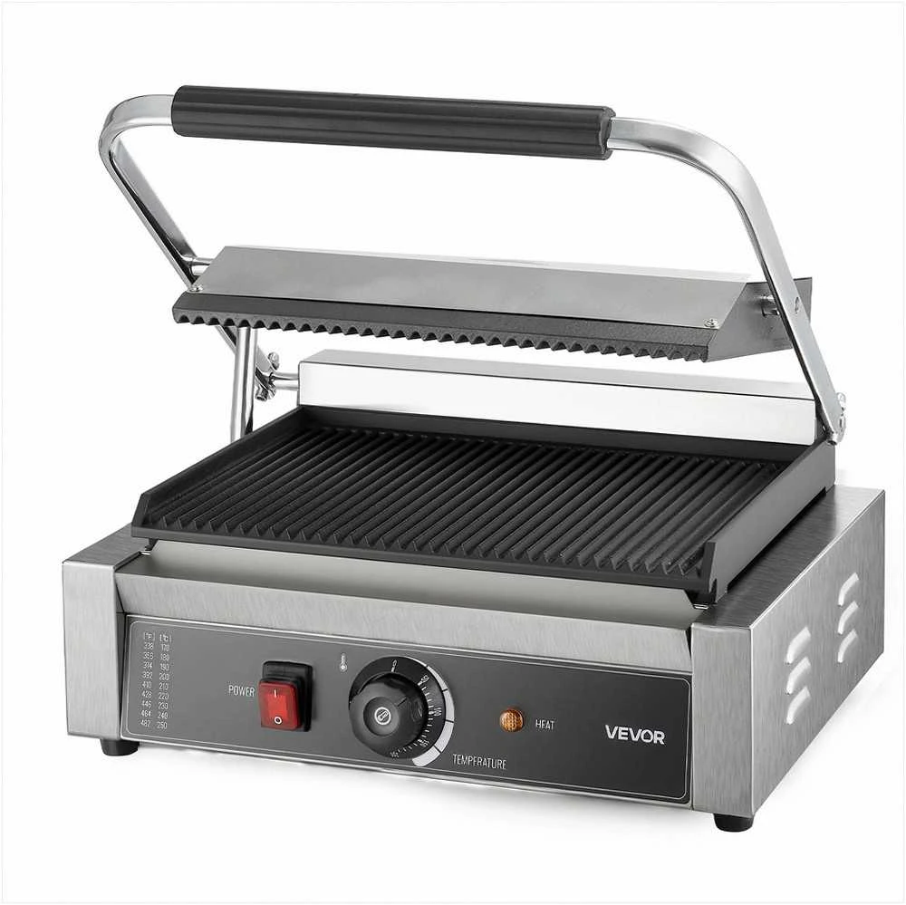 Komercinis paninis grilis 2200W, elektrinis sumuštinių keptuvas, nerūdijančio plieno presas, 34x23 cm rifliuota emaliuota plokštė, temperatūros reguliavimas, profesionalus kontaktinis grilis