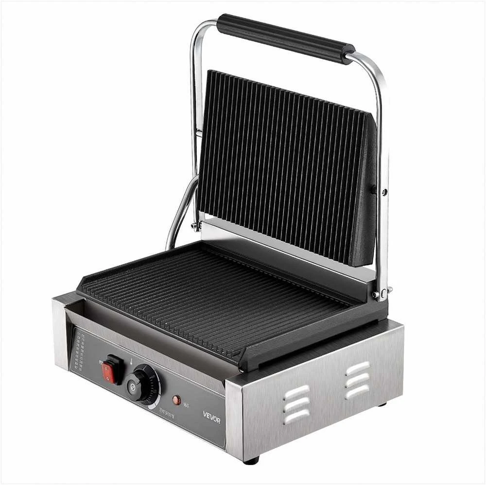 Komercinis paninis grilis 2200W, elektrinis sumuštinių keptuvas, nerūdijančio plieno presas, 34x23 cm rifliuota emaliuota plokštė, temperatūros reguliavimas, profesionalus kontaktinis grilis
