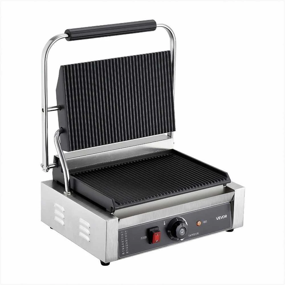 Komercinis paninis grilis 2200W, elektrinis sumuštinių keptuvas, nerūdijančio plieno presas, 34x23 cm rifliuota emaliuota plokštė, temperatūros reguliavimas, profesionalus kontaktinis grilis