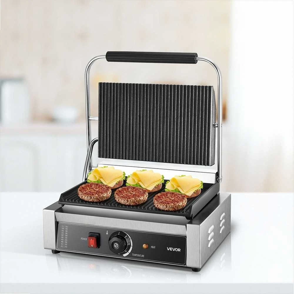 Komercinis paninis grilis 2200W, elektrinis sumuštinių keptuvas, nerūdijančio plieno presas, 34x23 cm rifliuota emaliuota plokštė, temperatūros reguliavimas, profesionalus kontaktinis grilis