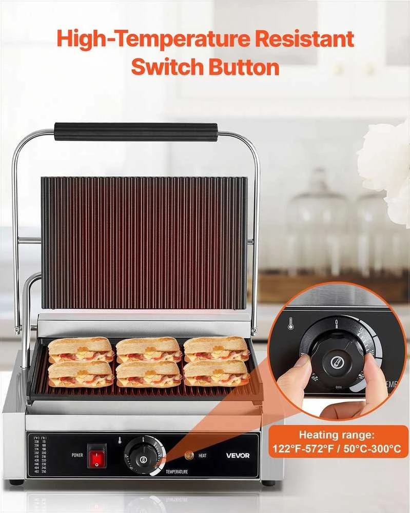 Komercinis paninis grilis 2200W, elektrinis sumuštinių keptuvas, nerūdijančio plieno presas, 34x23 cm rifliuota emaliuota plokštė, temperatūros reguliavimas, profesionalus kontaktinis grilis
