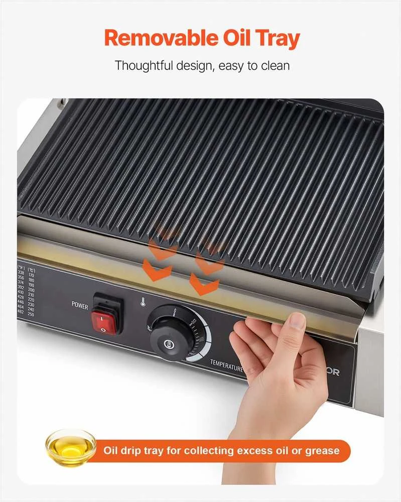 Komercinis paninis grilis 2200W, elektrinis sumuštinių keptuvas, nerūdijančio plieno presas, 34x23 cm rifliuota emaliuota plokštė, temperatūros reguliavimas, profesionalus kontaktinis grilis