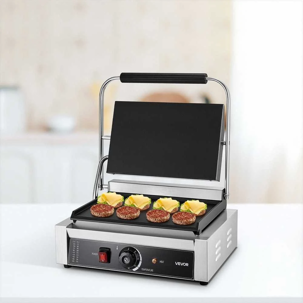 Komercinis paninis grilis, elektrinis sumuštinių keptuvas su tiksliu temperatūros valdymu, nerūdijančio plieno presas mėsainiams ir kepsniams, 34x23 cm emaliuota plokštė, profesionalus kontaktinis grilis
