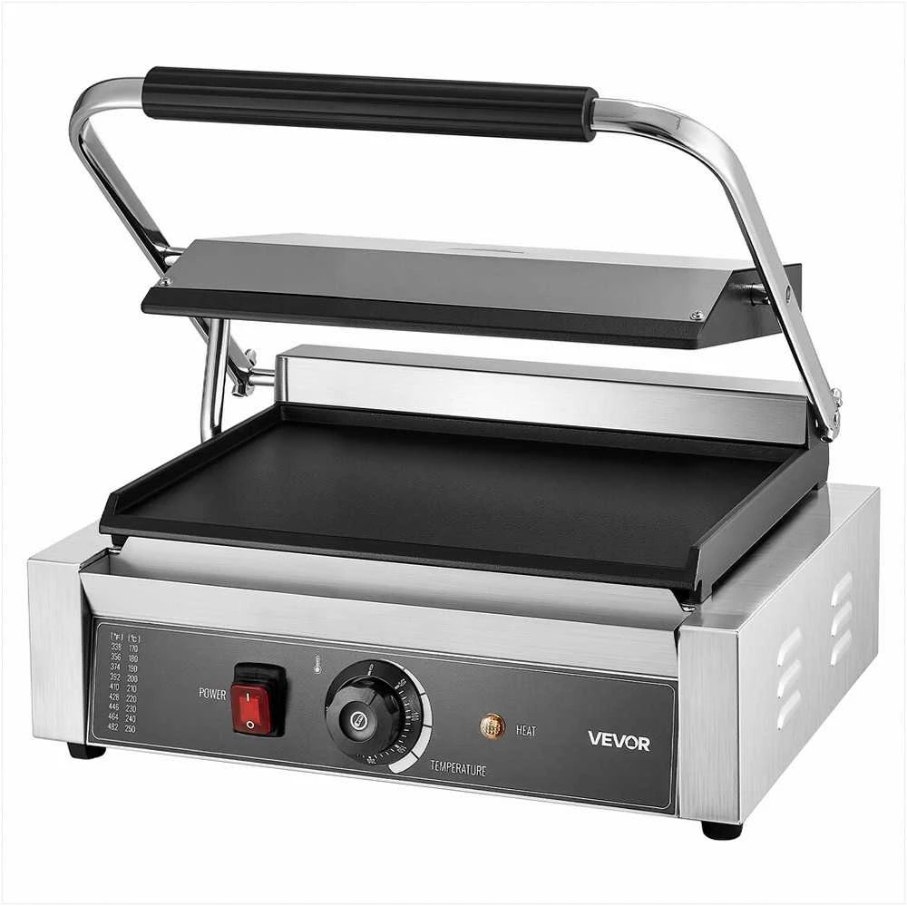 Komercinis paninis grilis, elektrinis sumuštinių keptuvas su tiksliu temperatūros valdymu, nerūdijančio plieno presas mėsainiams ir kepsniams, 34x23 cm emaliuota plokštė, profesionalus kontaktinis grilis