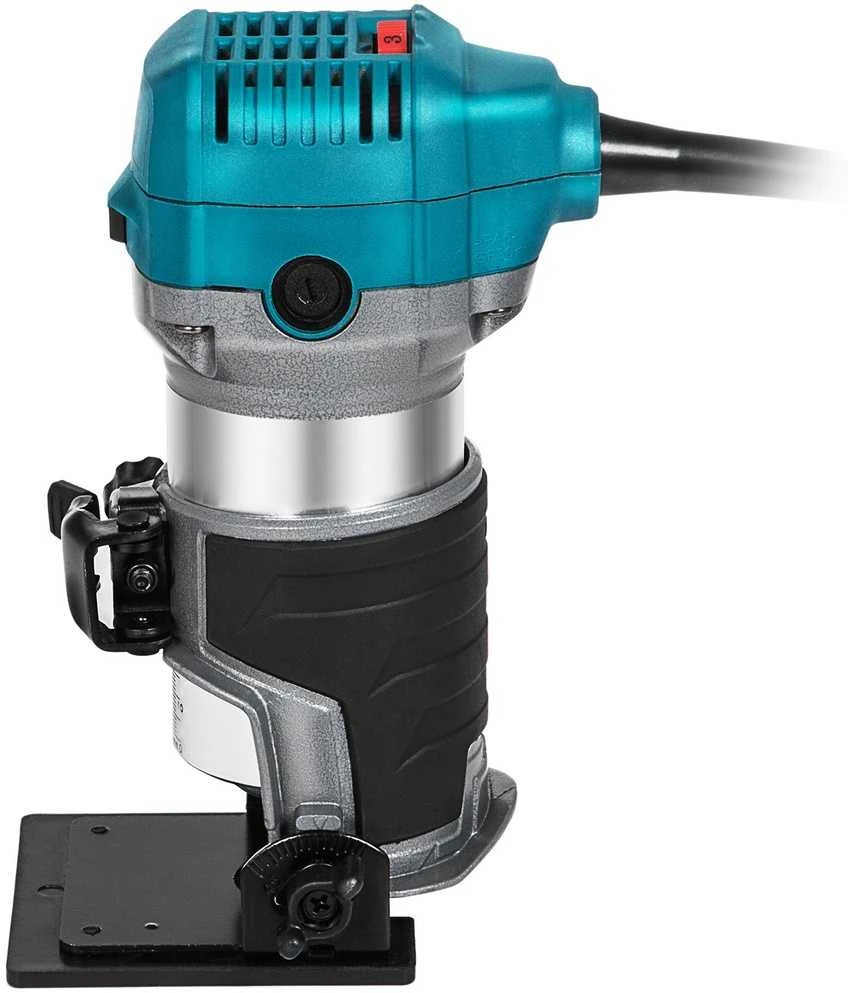 Kompaktiškas frezavimo staklės, 800 W, kintamo greičio, 6 greičio nustatymai, švelnus paleidimas, 6,35 mm ir 9,5 mm įvorės, panardinamasis pagrindas, pasvirasis pagrindas, fiksuotas pagrindas, dulkių ištraukimas, ergonomiškas dizainas