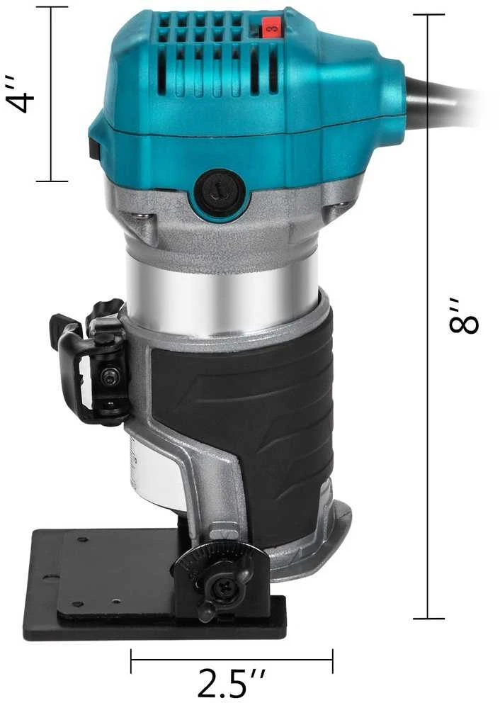 Kompaktiškas frezavimo staklės, 800 W, kintamo greičio, 6 greičio nustatymai, švelnus paleidimas, 6,35 mm ir 9,5 mm įvorės, panardinamasis pagrindas, pasvirasis pagrindas, fiksuotas pagrindas, dulkių ištraukimas, ergonomiškas dizainas