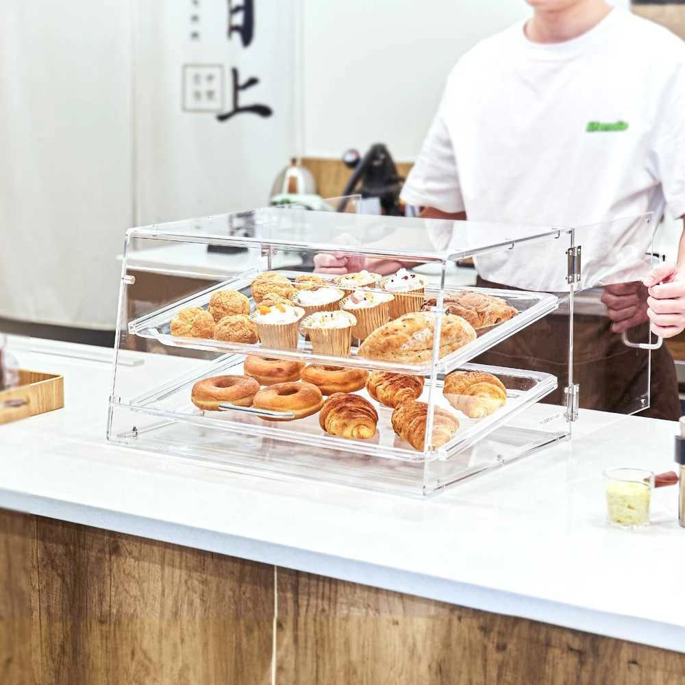 Konditerijos vitrina, 2 aukštų komercinė, prekystalio kepinių vitrina, akrilinė dėžė su galinėmis durelėmis, nuimamomis lentynomis, tortų vitrina, desertų, pyragaičių ekspozicinė vitrina (Ekspozicinė prekė)