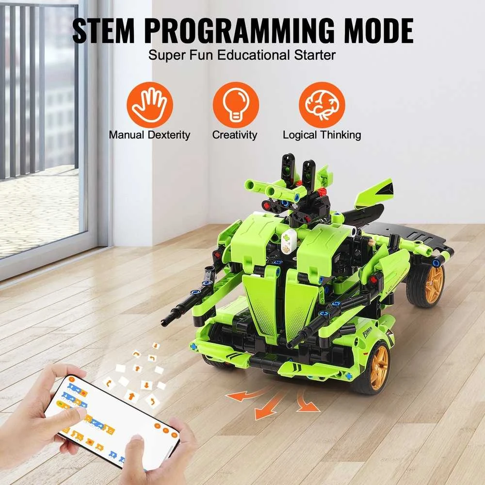 Konstruktorius vaikams: 2in1 robotas-automobilis valdomas pulteliu/programėle, edukacinis rinkinys, RC robotas, mašina