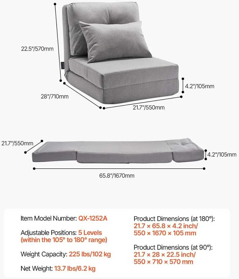Konvertuojama atlenkiama kėdė, reguliuojama grindų tinginio sofa, 5 padėčių atlošas namams, biurui, žaidimams, pilka sulankstoma kėdė