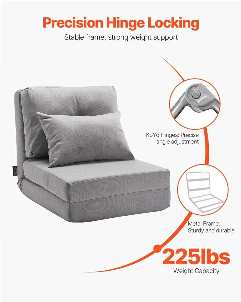 Konvertuojama atlenkiama kėdė, reguliuojama grindų tinginio sofa, 5 padėčių atlošas namams, biurui, žaidimams, pilka sulankstoma kėdė