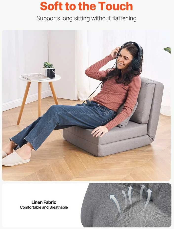 Konvertuojama atlenkiama kėdė, reguliuojama grindų tinginio sofa, 5 padėčių atlošas namams, biurui, žaidimams, pilka sulankstoma kėdė