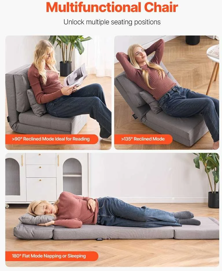 Konvertuojama atlenkiama kėdė, reguliuojama grindų tinginio sofa, 5 padėčių atlošas namams, biurui, žaidimams, pilka sulankstoma kėdė
