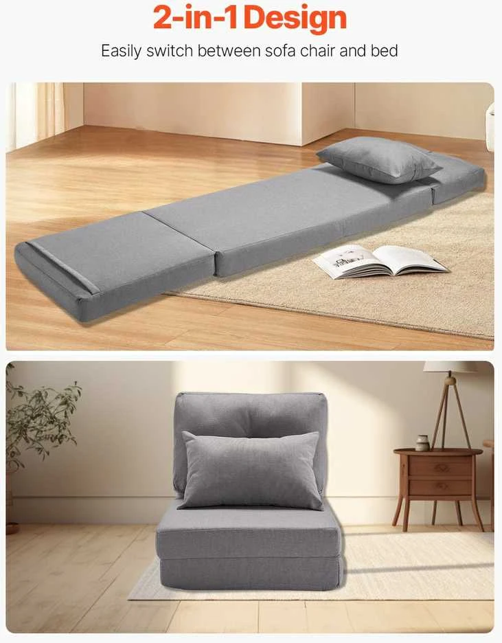 Konvertuojama atlenkiama kėdė, reguliuojama grindų tinginio sofa, 5 padėčių atlošas namams, biurui, žaidimams, pilka sulankstoma kėdė