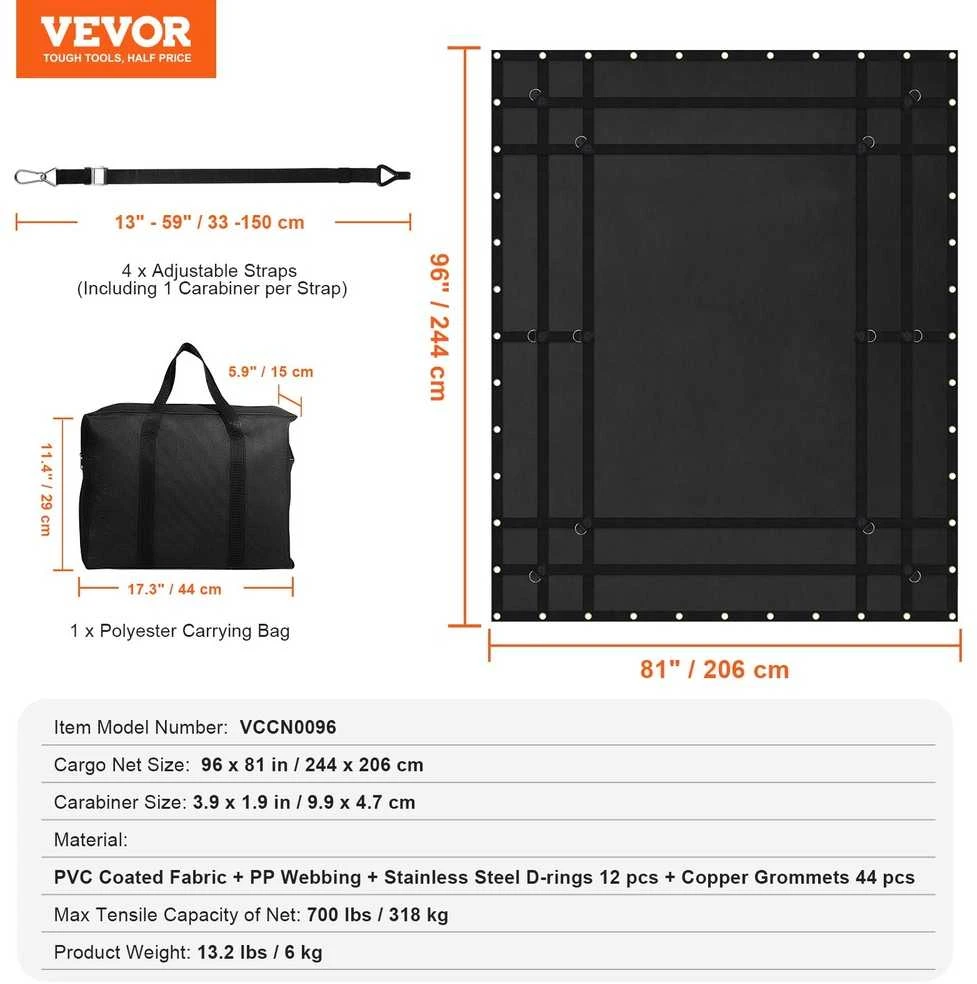VEVOR Krovininis tinklas 244 x 206 cm reguliuojamas