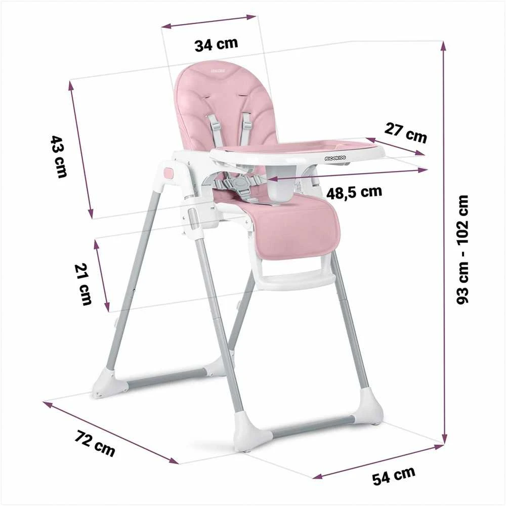 Ricokids Kūdikių maitinimo kėdutė, reguliuojamo aukščio, su nuimamu padėklu, rožinė aukšta kėdutė kūdikiams ir mažiems vaikams