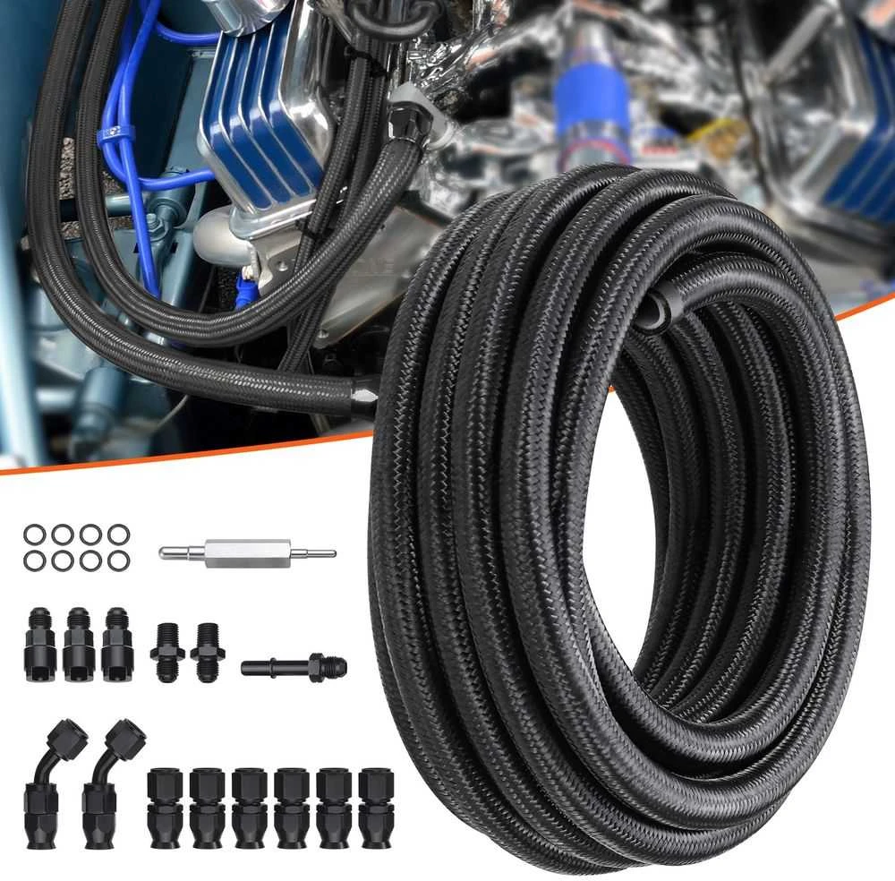 Kuro linijos rinkinys, 7.62 metro nerūdijančio plieno pinta PTFE žarna, automobilių kuro sistemoms, suderinama su E85, su pasukamomis jungtimis