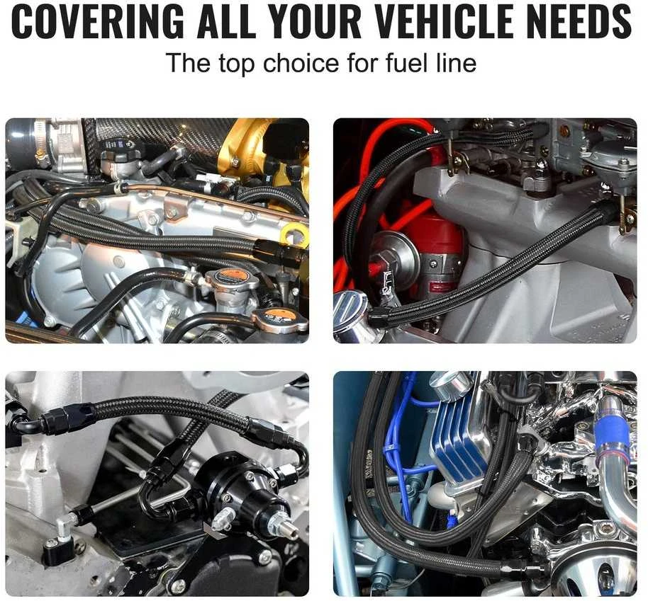 Kuro linijos rinkinys, 7.62 metro nerūdijančio plieno pinta PTFE žarna, automobilių kuro sistemoms, suderinama su E85, su pasukamomis jungtimis