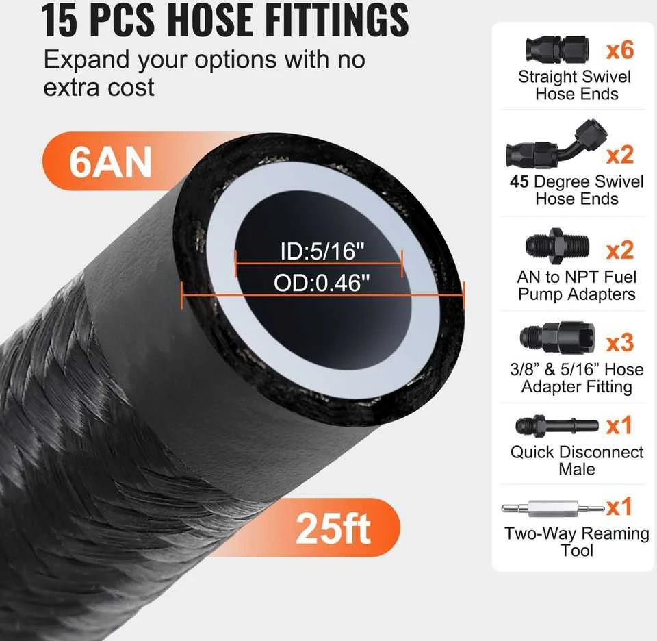 Kuro linijos rinkinys, 7.62 metro nerūdijančio plieno pinta PTFE žarna, automobilių kuro sistemoms, suderinama su E85, su pasukamomis jungtimis