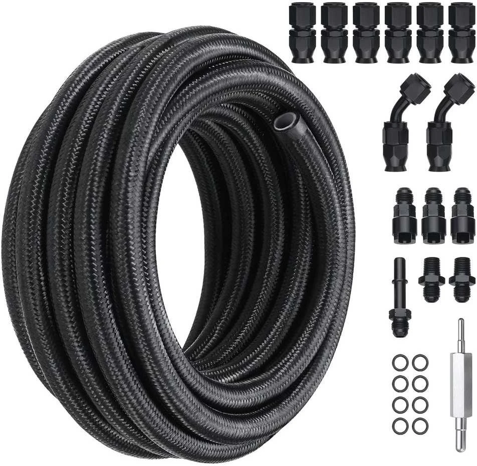 Kuro linijos rinkinys, 7.62 metro nerūdijančio plieno pinta PTFE žarna, automobilių kuro sistemoms, suderinama su E85, su pasukamomis jungtimis
