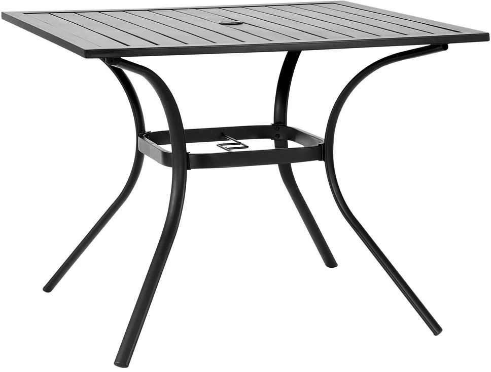 Kvadratinis metalinis lauko valgomojo stalas, 94 cm lauko bistro stalas, juodi sodo baldai, lentjuosčių stalas, plieno stalas visoms oro sąlygoms