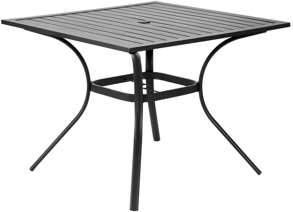 Kvadratinis metalinis lauko valgomojo stalas, 94 cm lauko bistro stalas, juodi sodo baldai, lentjuosčių stalas, plieno stalas visoms oro sąlygoms