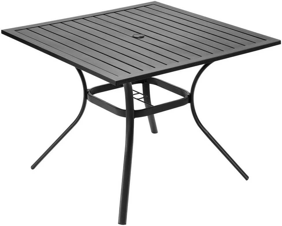 Kvadratinis metalinis lauko valgomojo stalas, 94 cm lauko bistro stalas, juodi sodo baldai, lentjuosčių stalas, plieno stalas visoms oro sąlygoms