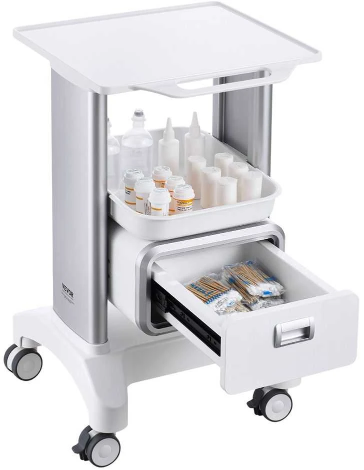Laboratorijos vežimėlis, 2 aukštų riedantis vežimėlis su stalčiumi, mobilus medicininis vežimėlis klinikai, ligoninei, salonui, ABS medžiaga, tylūs ratukai
