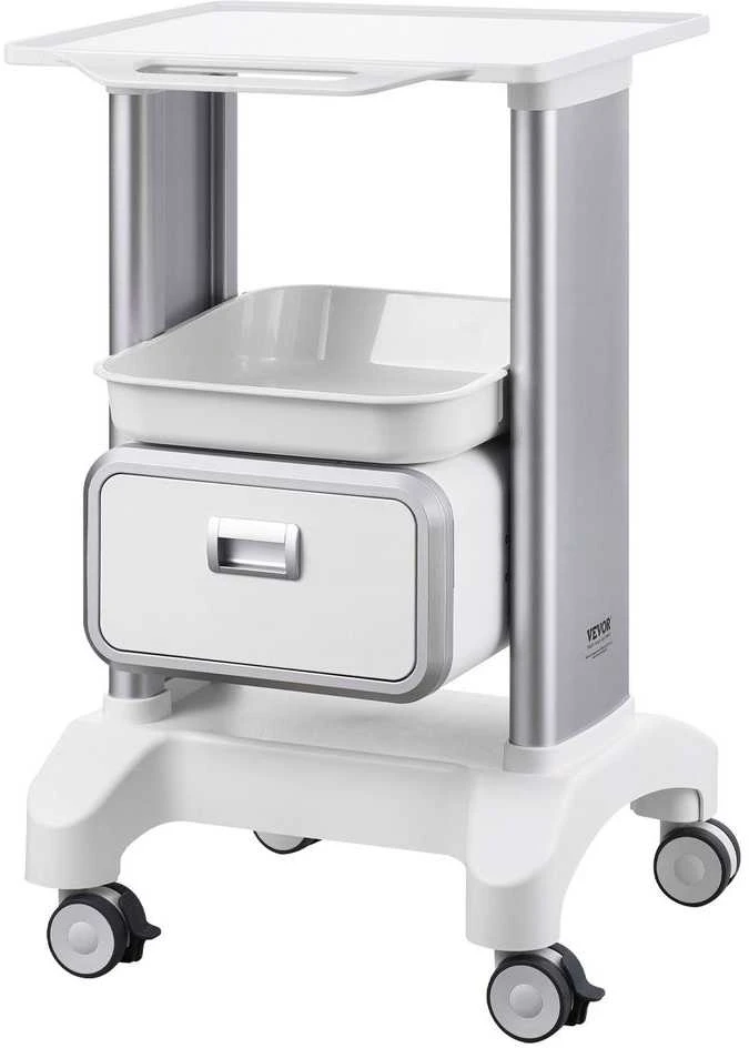 Laboratorijos vežimėlis, 2 aukštų riedantis vežimėlis su stalčiumi, mobilus medicininis vežimėlis klinikai, ligoninei, salonui, ABS medžiaga, tylūs ratukai