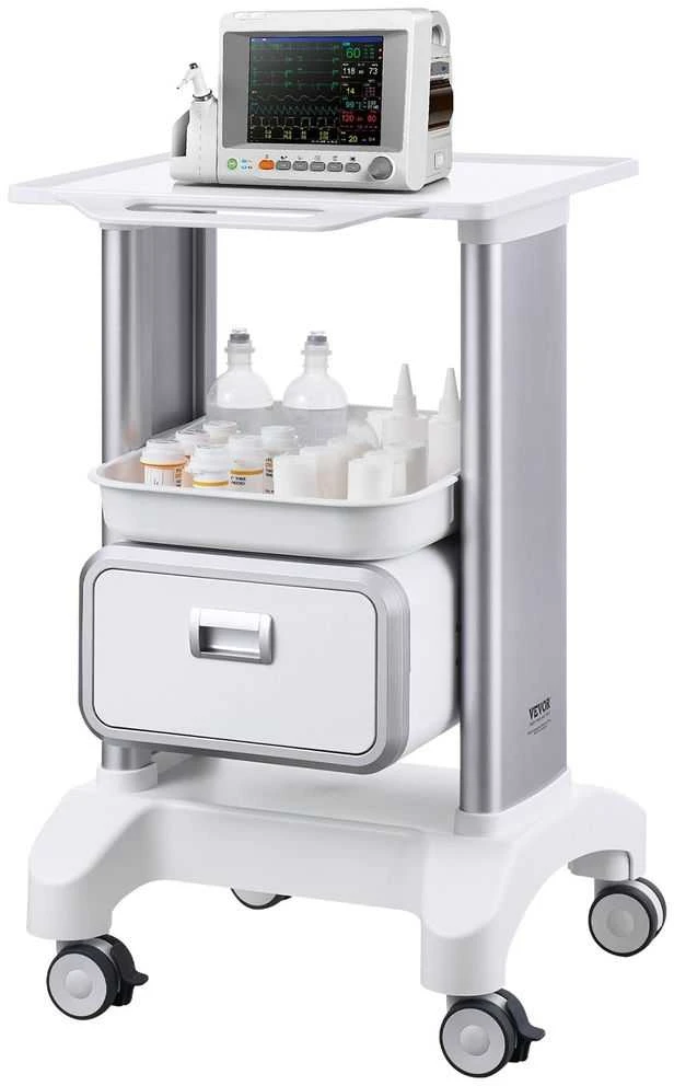 Laboratorijos vežimėlis, 2 aukštų riedantis vežimėlis su stalčiumi, mobilus medicininis vežimėlis klinikai, ligoninei, salonui, ABS medžiaga, tylūs ratukai