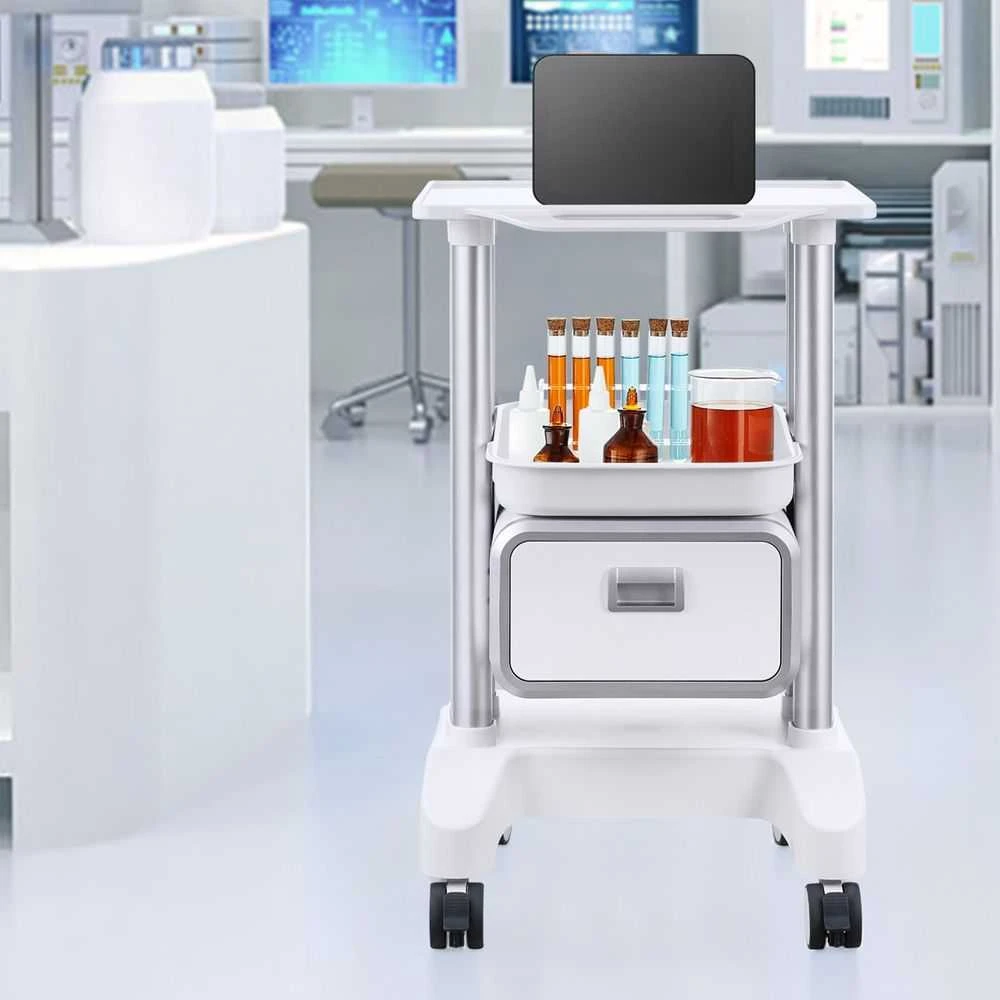 Laboratorijos vežimėlis, 2 aukštų riedantis vežimėlis su stalčiumi, mobilus medicininis vežimėlis klinikai, ligoninei, salonui, ABS medžiaga, tylūs ratukai