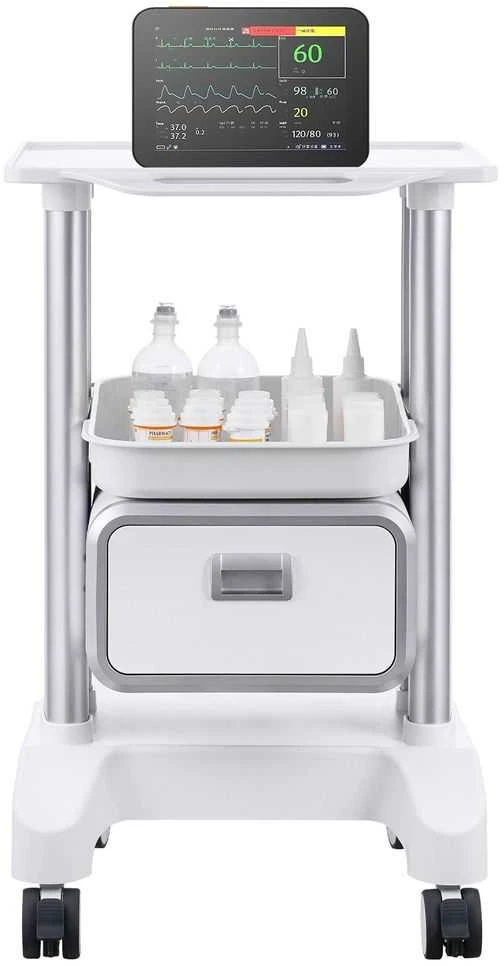 Laboratorijos vežimėlis, 2 aukštų riedantis vežimėlis su stalčiumi, mobilus medicininis vežimėlis klinikai, ligoninei, salonui, ABS medžiaga, tylūs ratukai