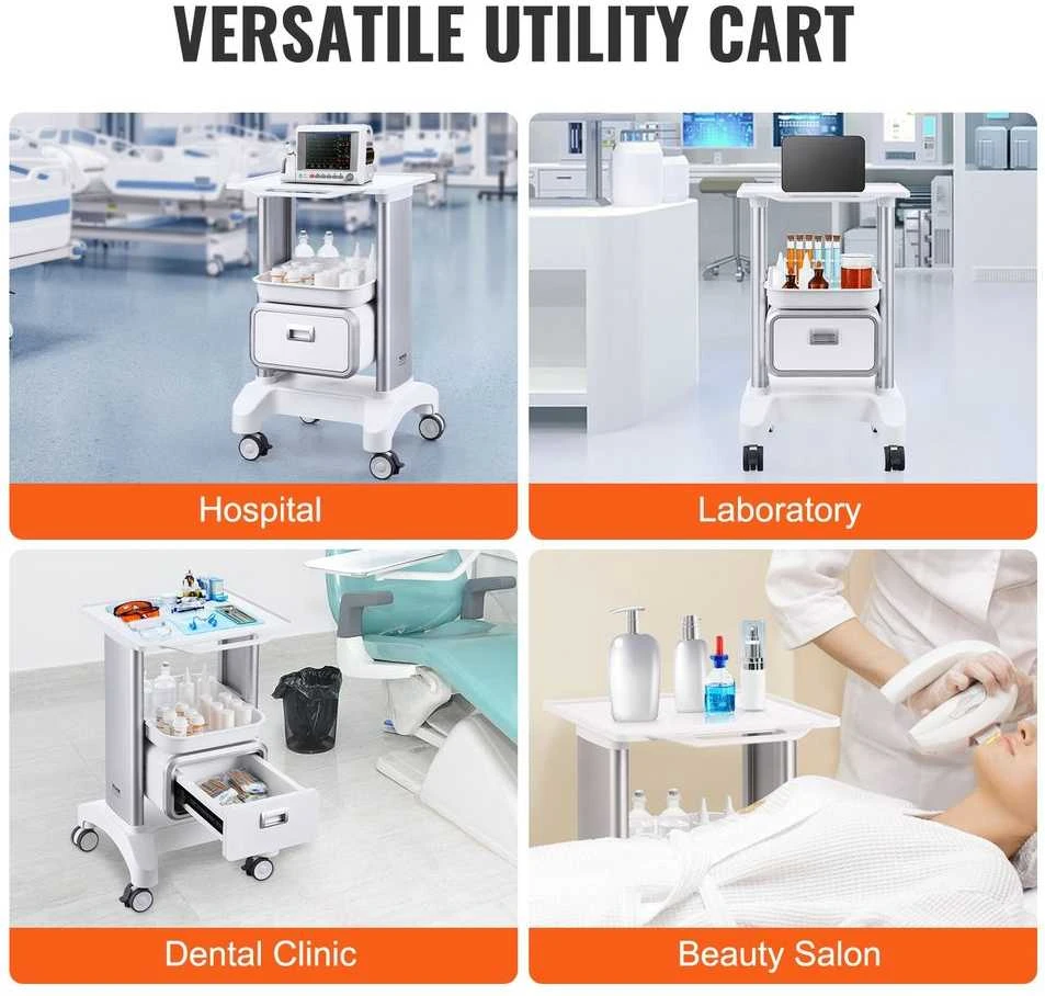 Laboratorijos vežimėlis, 2 aukštų riedantis vežimėlis su stalčiumi, mobilus medicininis vežimėlis klinikai, ligoninei, salonui, ABS medžiaga, tylūs ratukai