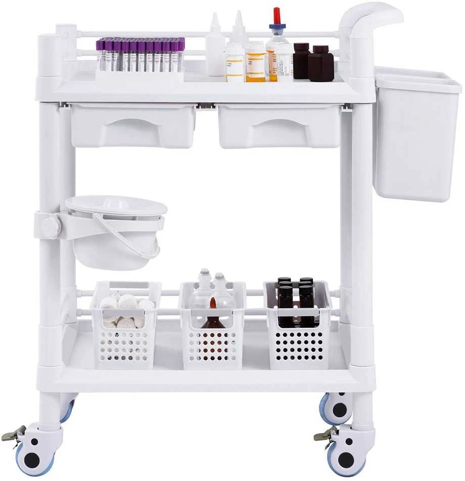 Laboratorijos vežimėlis, 2 lygių mobilus riedantis vežimėlis su stalčiais ir ratukais klinikoms, ligoninėms, salonams, 2 stalčių medicininis vežimėlis su šiukšliadėžėmis