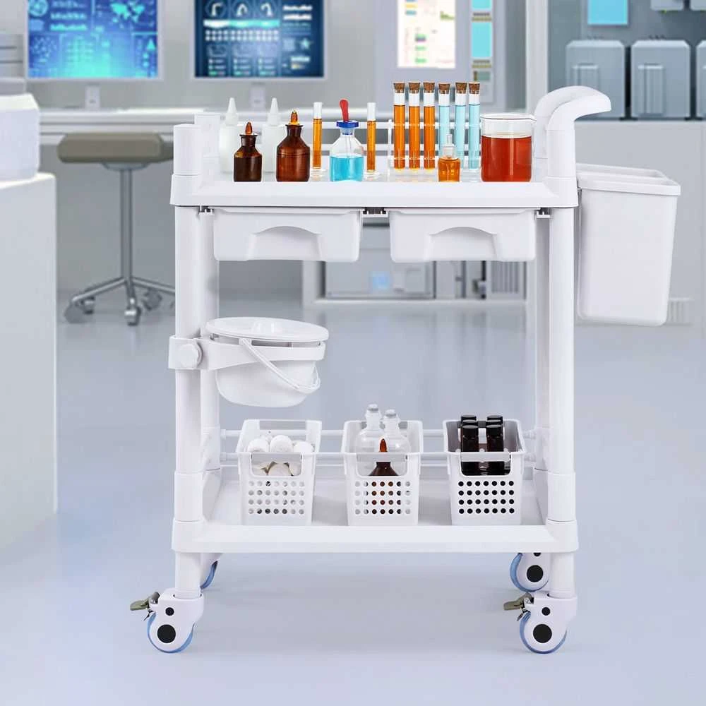 Laboratorijos vežimėlis, 2 lygių mobilus riedantis vežimėlis su stalčiais ir ratukais klinikoms, ligoninėms, salonams, 2 stalčių medicininis vežimėlis su šiukšliadėžėmis