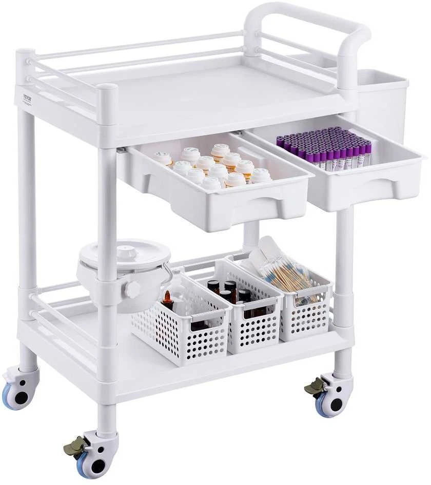 Laboratorijos vežimėlis, 2 lygių mobilus riedantis vežimėlis su stalčiais ir ratukais klinikoms, ligoninėms, salonams, 2 stalčių medicininis vežimėlis su šiukšliadėžėmis