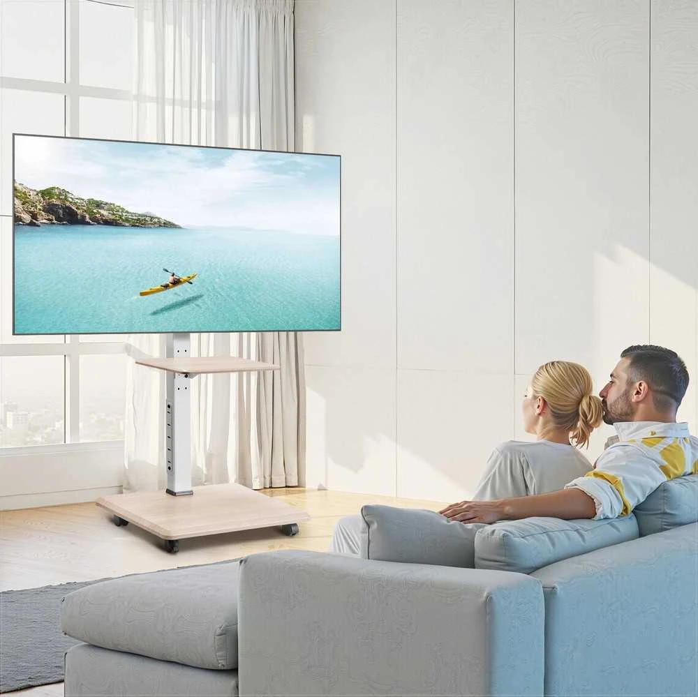 Laikiklis Mobilus televizoriaus stovas 812.8-1778 mm ekranams, televizoriaus vežimėlis su 25° pasukimu ir reguliuojamu aukščiu, su lentyna, iki 40 kg, VESA 600x400mm, grindų stovas televizoriui, ratukai