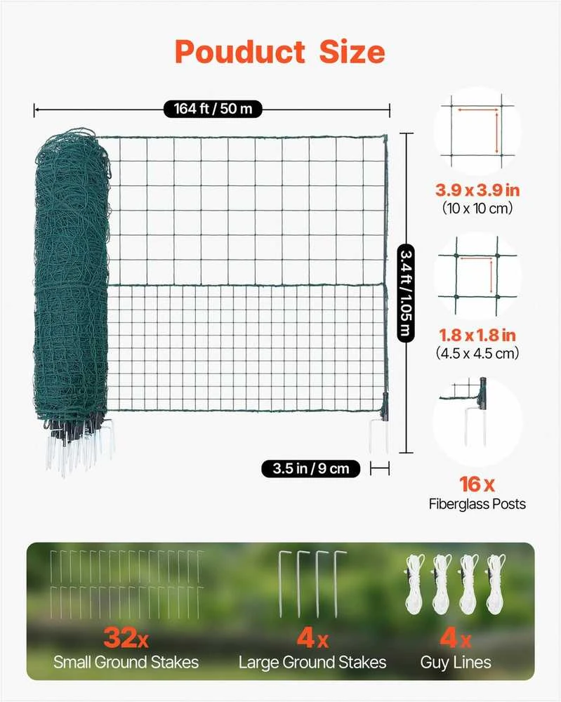 Laikina tvora su stulpais, 1.05 x 50m plastikinis tinklas šunims vištoms augalams, sodo apsauginis tinklas, lauko kiemo barjeras, laikinas naminių gyvūnų aptvaras, pasėlių apsaugos tvora