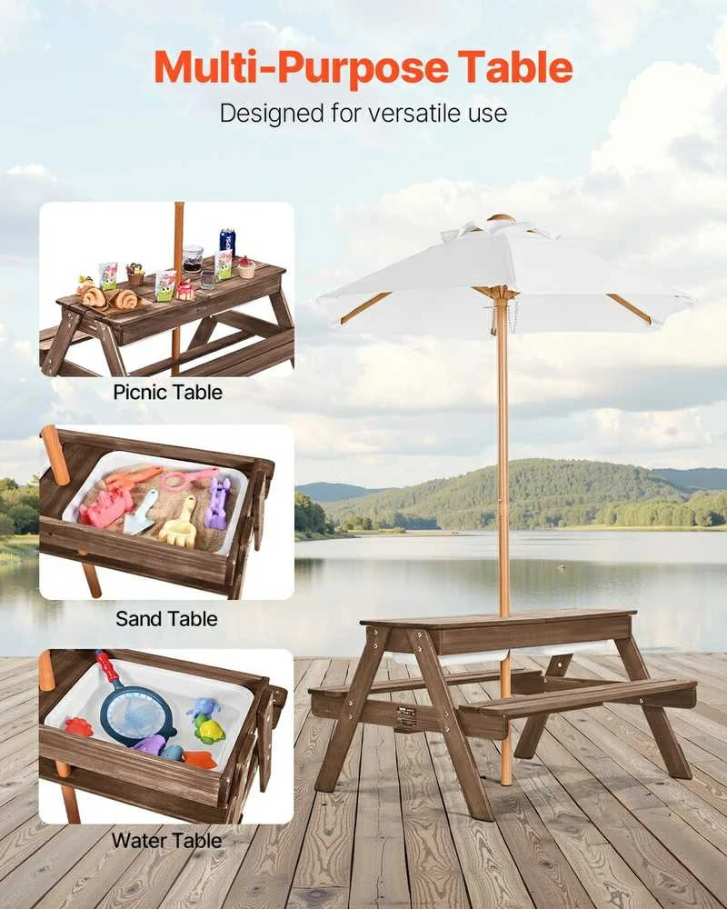 Lauko baldų komplektas Eglių Medienos Iškylos Stalas su Suolais, Lauko Valgomojo Stalas, su Nuimamu Skėčiu, Kiemo Baldų Komplektas Šeimai, Sodo Stalas, Terasos Baldai