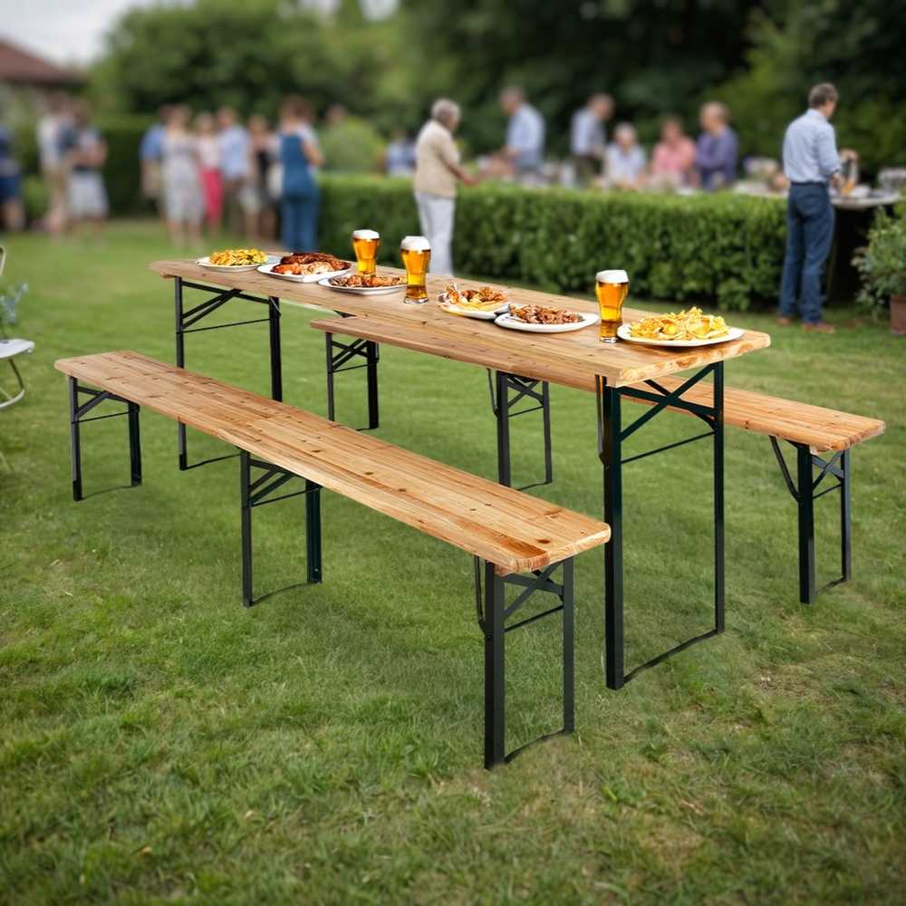 Lauko baldų komplektas Metalinis ir medinis lauko valgomojo komplektas, 2 suolai, 220 cm stalas, juodas rėmas, eglės mediena, sodo baldų komplektas, lauko stalas su suolais