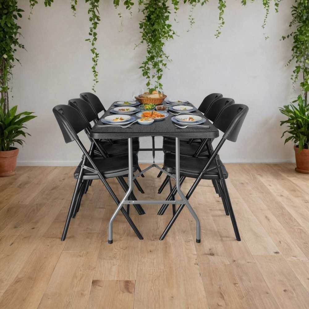 Lauko baldų komplektas Sulankstomas banketinis stalas 180 cm, 6 kėdės, furšetų, pobūvių, renginių komplektas