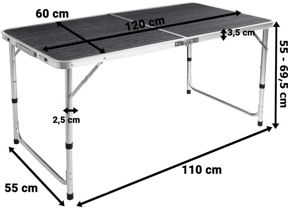 Lauko baldų komplektas Sulankstomas kempingo stalas su 4 kėdėmis, 120x60 cm, juodo medžio, reguliuojamas aukštis, pikniko stalas, turistinis stalas, iškylams