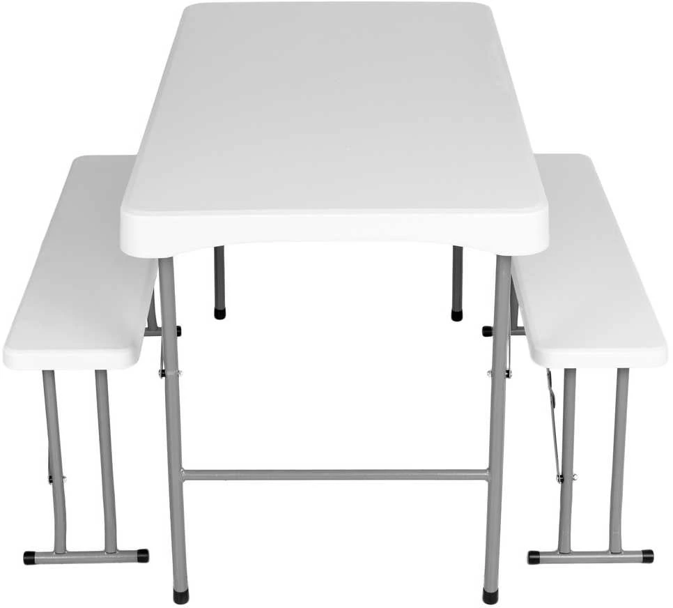 Lauko baldų komplektas Sulankstomas lauko valgomojo komplektas su stalu ir 2 suolais, baltas stalas su pilku rėmu, pikniko, stovyklavimo, terasos baldų komplektas