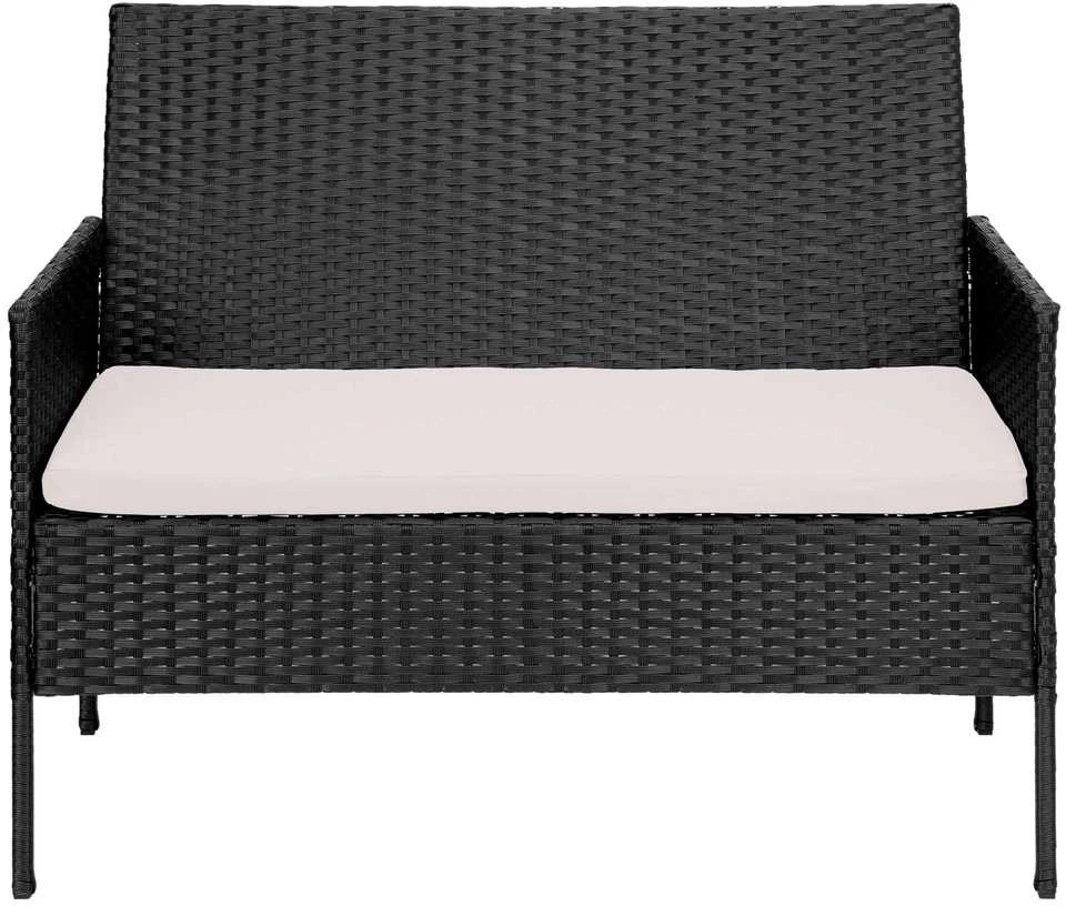 Lauko baldų komplektas Technoratano sodo baldų komplektas, juodas ir smėlio, su pagalvėlėmis, dviguba sofa, foteliai ir stalas, lauko valgomojo komplektas, terasos baldai